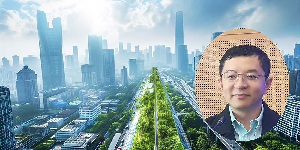 Haozhi Pan and a background with a big city with green areas